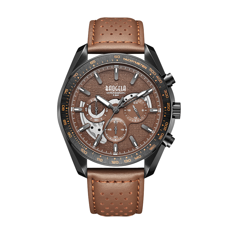 Baogela Nieuwe luxe mannen Sport Quartz Male chronograaf Kalender Japan Beweging 50Bar Top Brand Clock Echt lederen polshorloge 22804