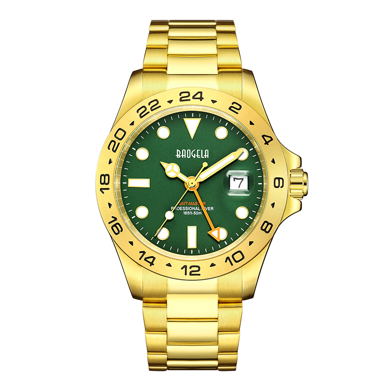 Baogelanieuwe mannen luxe horloge 304 roestvrij staal lumineuze wijzerplaat 50m duiken modeparen sport horloge polshorloge goudgroen 22806